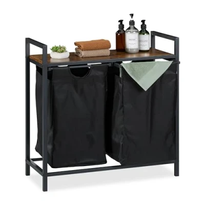 Imagen de Relaxdays Cesto Ropa Sucia con Balda, 72 x 73 33 cm, 2 Sacos Extraíbles, Diseño Industrial, Cubo Colada, Negro/Marrón, Acero