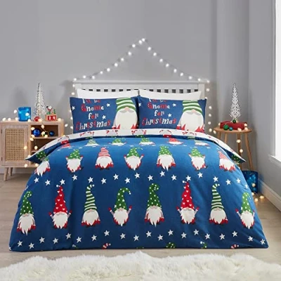 Imagen de Fusion Funda Nórdica Gonk Navideña Azul Marino 230 x 220 cm Reversible (2 Colores) 100% Algodón 2 Fundas de Almohada Incluidas Gnomo Navideño Ropa Cama