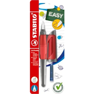 Imagen de STABILO EASYbuddy Pluma estilográfica escolar con plumín estándar, color coral/rojo, azul (borrable), incluye cartucho