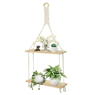 Imagen de Afuly Estanteria Pared Baldas Madera Boho Estante 2 Niveles Macramé Sala Cuarto de Baño Hogar Decoración
