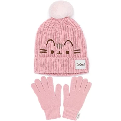 Imagen de Pusheen Gorro guantes Mujeres gato rosa de punto invierno