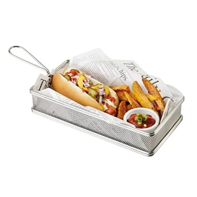Imagen de cesta de acero inoxidable para freír, freír en miniatura patatas fritas, aros cebolla, etc., aperitivos para, nachos, palomitas 26 x 13 cm, h: 5 mango: 9,5
