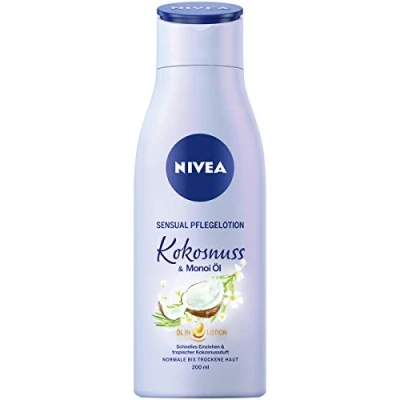 Imagen de NIVEA Body Sensual loción corporal de aceite coco y monoi en paquete 6 unidades (6 x 200 ml), absorción rápida con aroma a coco, crema para 24 horas hidratación