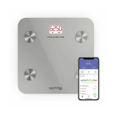 Imagen de Rowenta Goodvibes Life BR9600 Báscula de baño inteligente con medidor grasa corporal e IMC, gran pantalla LED, plataforma vidrio, hasta 160kg capacidad
