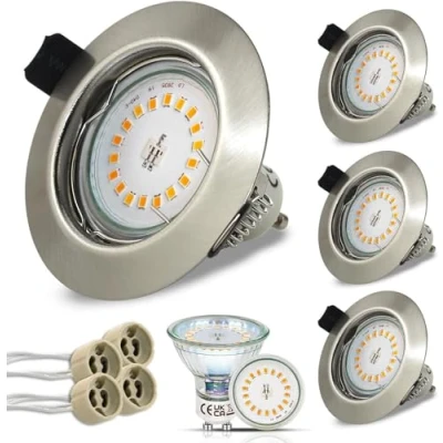 Imagen de HiBay Juego de 4 Focos LED Empotrables 230 V GU10 Lámparas 5 W Blanco Cálido Acero Inoxidable Cepillado Foco Empotrable Redondo + Casquillo [Clase energética F]