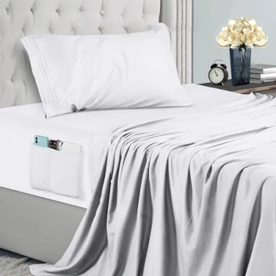 Imagen de Utopia Bedding Juego De Sabanas Bordadas 3 Piezas 90x190 Microfibra Poliéster, Sábana Bajera con Bolsillos Almacenamiento, Plana Y 1 Funda Almohada (Cama 90, Blanco)