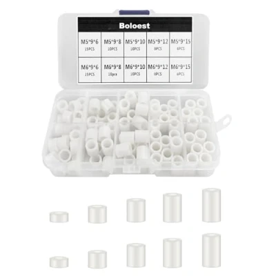 Imagen de Kit surtido de espaciadores redondos ABS 98 piezas, espaciador aislamiento blanco para tornillos M5, M6, soporte columna nailon con caja plástico (blanco)