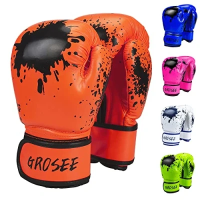 Imagen de guantes de boxeo para niños, 6 onzas, 8 jóvenes, niños y niñas, entrenamiento saco boxeo, kickboxing, Muay Thai, regalo edades a 15 años (naranja, 70 libras)