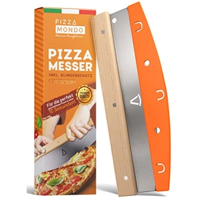 Imagen de pizza Mondo® corta cortador profesional más eficaz que el giratorio Cortapizzas de acero inoxidable para 32 cm con mango madera Corte rápido y