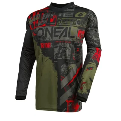 Imagen de O&#039;Neal Camiseta de Motocross Manga Larga MX Enduro Protección Acolchada para los Codos, Cuello en V, Transpirable Element Ride Hombres Adultos Negro Verde Talla M