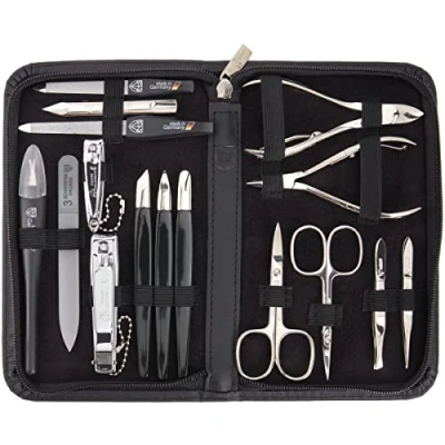 Imagen de DREI SCHWERTER Juego de manicura y pedicura 16 piezas &#039;Cinisello&#039; Estuche alta calidad para uñas piel auténtica el cuidado manos pies. Color: Negro Contenido: tijeras uñas,