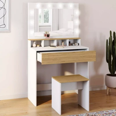 Imagen de IDMarket Tocador Zelia blanco y haya Espejo LED con 4 nichos, 1 cajón taburete