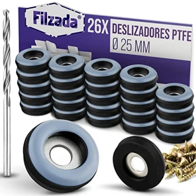Imagen de Filzada® 26x Almohadillas de Teflón para Muebles, con Tornillo Ø 25 mm (redondo) Deslizadores muebles/deslizadores alfombras PTFE (Teflón) incl. tornillos