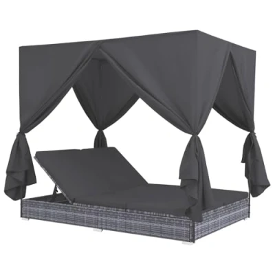 Imagen de vidaXL Tumbona Cama con Cortinas de Ratán Sintético Mobiliario Terraza Muebles Exteriores Jardín Patio Resistente a la Intemperie Gris