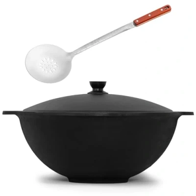 Imagen de Kazan de hierro fundido 12 L con espumadera NAMANGAN Uzbeki tapa Uzbek Camping olla giratoria Asia WOK aluminio