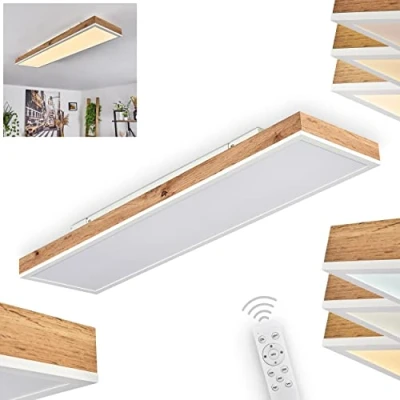Imagen de plafón LED Salmi, de metal/MDF/plástico en blanco/madera/marrón, panel regulable/cambiable con mando a distancia, 60 1500 lúmenes, 2700 6500 K, 1 x 24 vatios