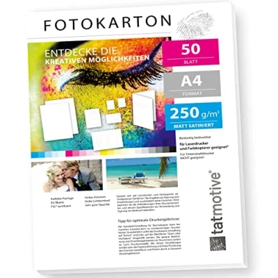 Imagen de TATMOTIVE F01M50 Papel fotográfico (250 g, impresión láser, DIN A4, imprimible por ambas caras, 50 hojas), color blanco mate