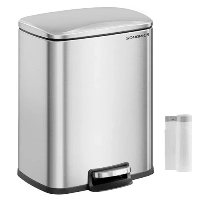 Imagen de SONGMICS Papelera de Cocina, Pedal 20 L, Tapa Cierre Suave, Permanece Abierta, Cubo Interior, Incluye 15 Bolsas Basura, Plata Metálico LTB543E01, Acero Inoxidable