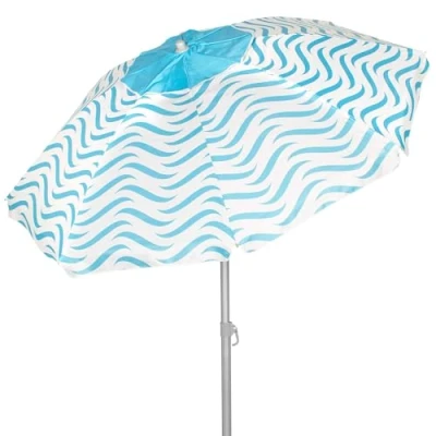 Imagen de AKTIVE Sombrilla de playa antiviento 220 cm, 8 varillas fibra vidrio, Diseño olas playa, Ventilación superior, Protección UV50, Mástil acero inclinable, 28/32 mm, Incluye funda (62441)