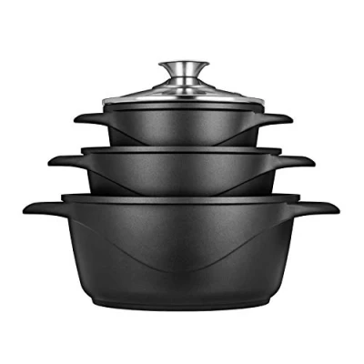 Imagen de SMILE MGK18 Batería de Cocina Inducción 6 piezas Aluminio Fundido, 3 ollas, Tapas Vidrio Templado, Revestimiento Antiadherente, Apta Para Todo tTpo Cocinas, Libre PFOA