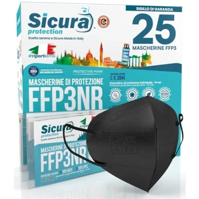 Imagen de 25 mascarillas ffp3 certificadas CE Color Negro Made in Italy logo SICURA en relieve PFE ≥99% BFE Mascarilla higienizada y sellada individualmente