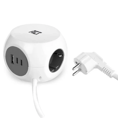 Imagen de ACT AC2420 Regleta de enchufes con USB, 2 USB C (30 W PD 3.0) y 1 A (QC 3.0), 3 enchufes, Incluye Almohadilla Adhesiva para Cocina, Oficina, salón, Longitud del Cable 1,5 m, Color Blanco