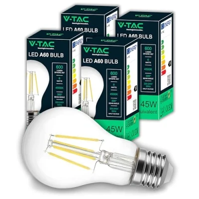 Imagen de V TAC 4x Bombilla LED Filamento E27 [Alta Eficiencia 6W] A60 600 Lúmenes (Equivalente a 45W) Bombillas de Bajo Consumo 4000K Luz Blanco Neutro