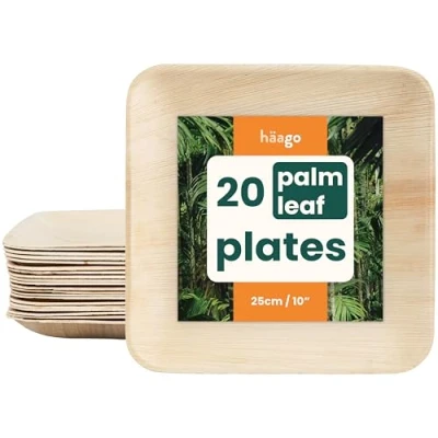 Imagen de HAAGO 20 Platos Compostables y Desechables de Hoja Palma (25x25cm, Cuadrados) Vajilla Ecológica para Picnic Exterior Aptos Congelador Microondas