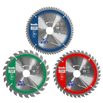 Imagen de kwb Juego de 3 hojas sierra circular 190 x 30/20/16 mm para sierras circulares mano, materiales placa y construcción madera, incluye anillos reductores 16 20