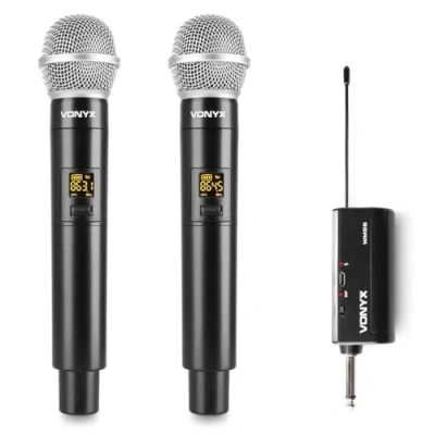 Imagen de Vonyx WM552 Set de 2 Micrófonos Inalámbricos Duales con Receptor UHF, Conector Altavoz, Recargable por USB, 10 Canales seleccionables, Silencio Automático, Micro para Cantar, Microfono Reuniones