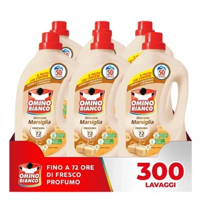 Imagen de Omino Bianco Detergente para lavadora líquido, 300 lavados, respeta colores y tejidos, aroma fresco con esencia de corazón Marsella, 2000 ml x 6 paquetes