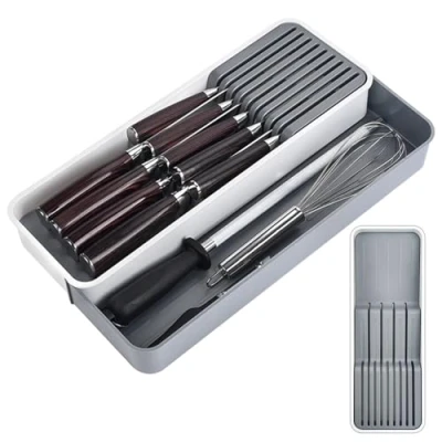 Imagen de HEKOBAG organizador de cuchillos para Cajón 2 Niveles Portacuchillos Cocina apto 9 Cuchillos, Bloque horizontal dos niveles, cajones expandible Gris