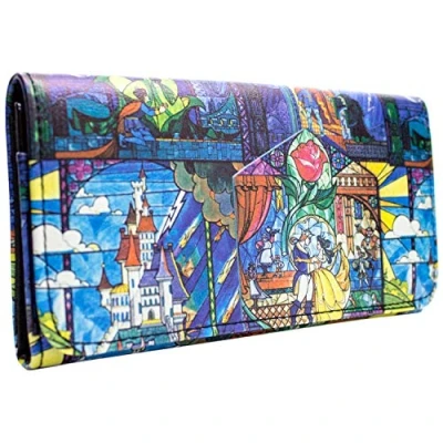 Imagen de Beauty and The Beast Cartera Montaje de Rosa Vitral Tri Fold con Bolsillo para Monedas &amp; Tarjetero, Azul