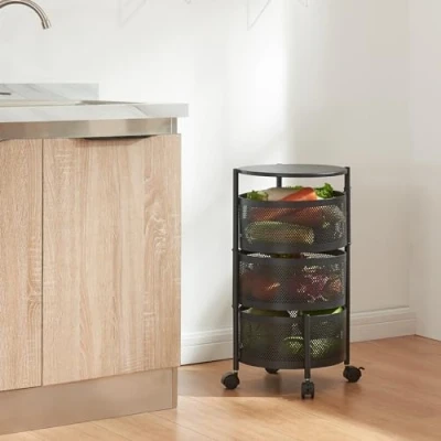 Imagen de [en.casa] Carro de Servicio con 3 Cestas Redondas Carrito Cocina Baño 4 Ruedas Verduras Paredes Perforadas y 2 Superiores Giratorias Acero 60xØ33cm Negro