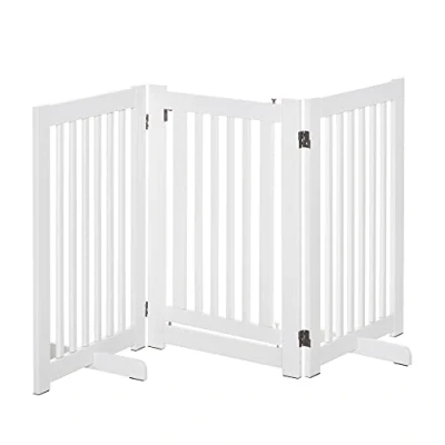 Imagen de PawHut Barrera para Perros de Madera Valla Mascotas Plegable 3 Paneles con 1 Puerta y Patas Apoyo Pasillo Escalera 155x35,5x76 cm Blanco