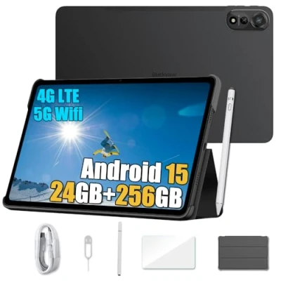 Imagen de Blackview Mega 2 Android 15 Tablet 12 Pulgadas, 24GB+256GB/2TB TF Juegos Tablet, 2.4K FHD+, 4G LTE + 5G WiFi, 9000mAh Tabletas, 16MP, Modo PC, OTG, 3.5mm, Bolígrafo Inteligente Funda, Negro