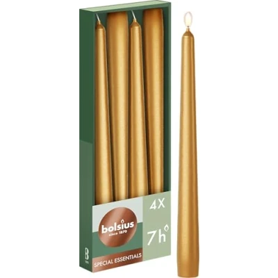 Imagen de Bolsius Velas cónicas Color dorado metálico Paquete de 4 9.65 pulgadas decorativas para el hogar Tiempo combustión 7 horas Sin perfume Cera vegana natural aceite palma