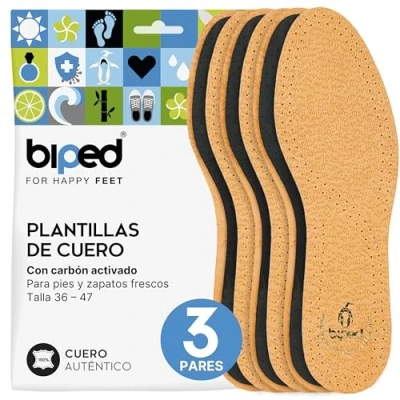 Imagen de biped juego de 3 pares plantillas extraíbles con carbón activo, cuero antiolor, suaves para calzado señora y caballero z1724(42 43)