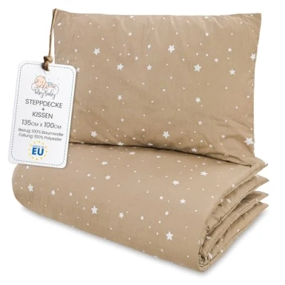Imagen de Totsy Baby Edredon Relleno nordico Cama Infantil Algodón 100x135 Bebe rellena Juego de Manta 100 x 135 cm con Almohada 40 60 por niños e niñas Beige Estrellas Blancas