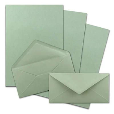 Imagen de FarbenFroh by Gustav Neuser Juego de 50 papeles carta DIN A4 con sobres largos, pegado en húmedo, color verde eucalipto Papel escritura mate