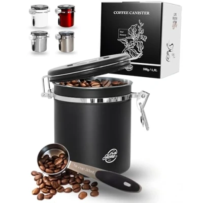 Imagen de Pro@Home43® Bote cafe hermetico 500 g negro recipiente de 1,5 L acero inoxidable con función calendario, incluye cuchara dosificadora, caja regalo