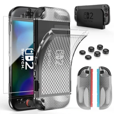 Imagen de HEYSTOP Carcasa para Nintendo Switch 2, Funda Protectora Transparente de TPU Suave Acoplable 2 Joycon Grips con Protector Pantalla Vidrio Templado y 6 Tapas Joysticks
