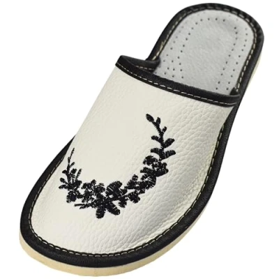 Imagen de APREGGIO Zapatillas de Cuero para Mujeres Suela Goma Maciza Cómodas Llevar Suaves Producto 100% Natural Hechas a Mano (Blanco Negro, 36)