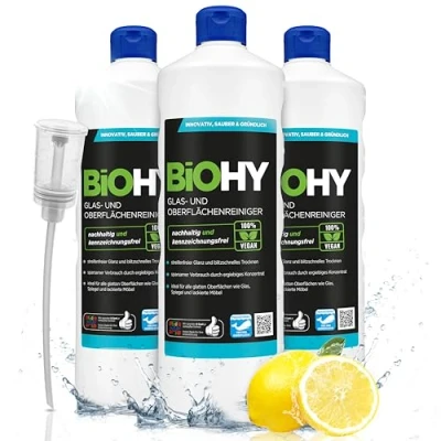 Imagen de BiOHY Limpia cristales y superficies (3 botellas de 1 litro) + Dosificador Concentrado para uso aparatos suelos duros Olor agradable limpieza sin rayas (Oberflächenreiniger)