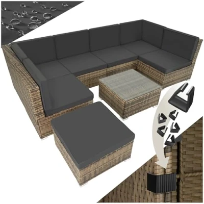 Imagen de TecTake® Conjunto Jardín de Ratán con Cojines, Terraza Combinable y Resistente a la Intemperie, Muebles Exterior 6 Sillones, 1 Mesa, Taburete, Estructura Tornillos Acero Natural