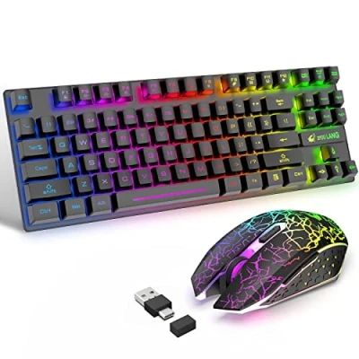 Imagen de 87 llaves Combo de Teclado inalámbrico y ratón LED Arco iris retroiluminado sensación mecánica recargable 2.4G para juegos 2400DPI + Alfombrillas (negro)