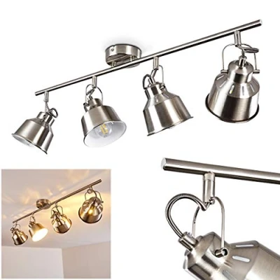 Imagen de lámpara de techo Safari, metálica en acero cepillado/blanco, 4 luces, con focos ajustables y efecto luz, x casquillo E14, foco diseño retro/vintage, sin bombilla(s)