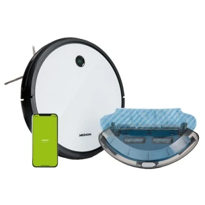 Imagen de MEDION Robot Aspirador con función de fregado y navegación Inteligente S12 SW (2.100 Pa, Potente Cepillo Central, Control Mediante la App Alexa, aspiración en Paralelo, estación Carga