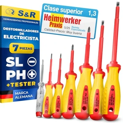 Imagen de S&amp;R Juego de Destornilladores Electricista VDE Forma SL PH + Tester Calidad Profesional (7 Piezas)