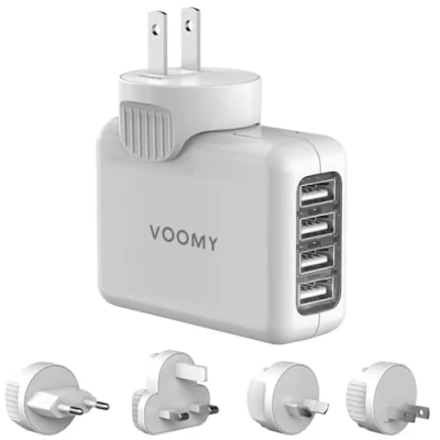Imagen de VOOMY Adaptador Enchufe Universal, de Viaje para más 170 Países con 4 USB, Intercambiable USA, UK, Europa y Australia